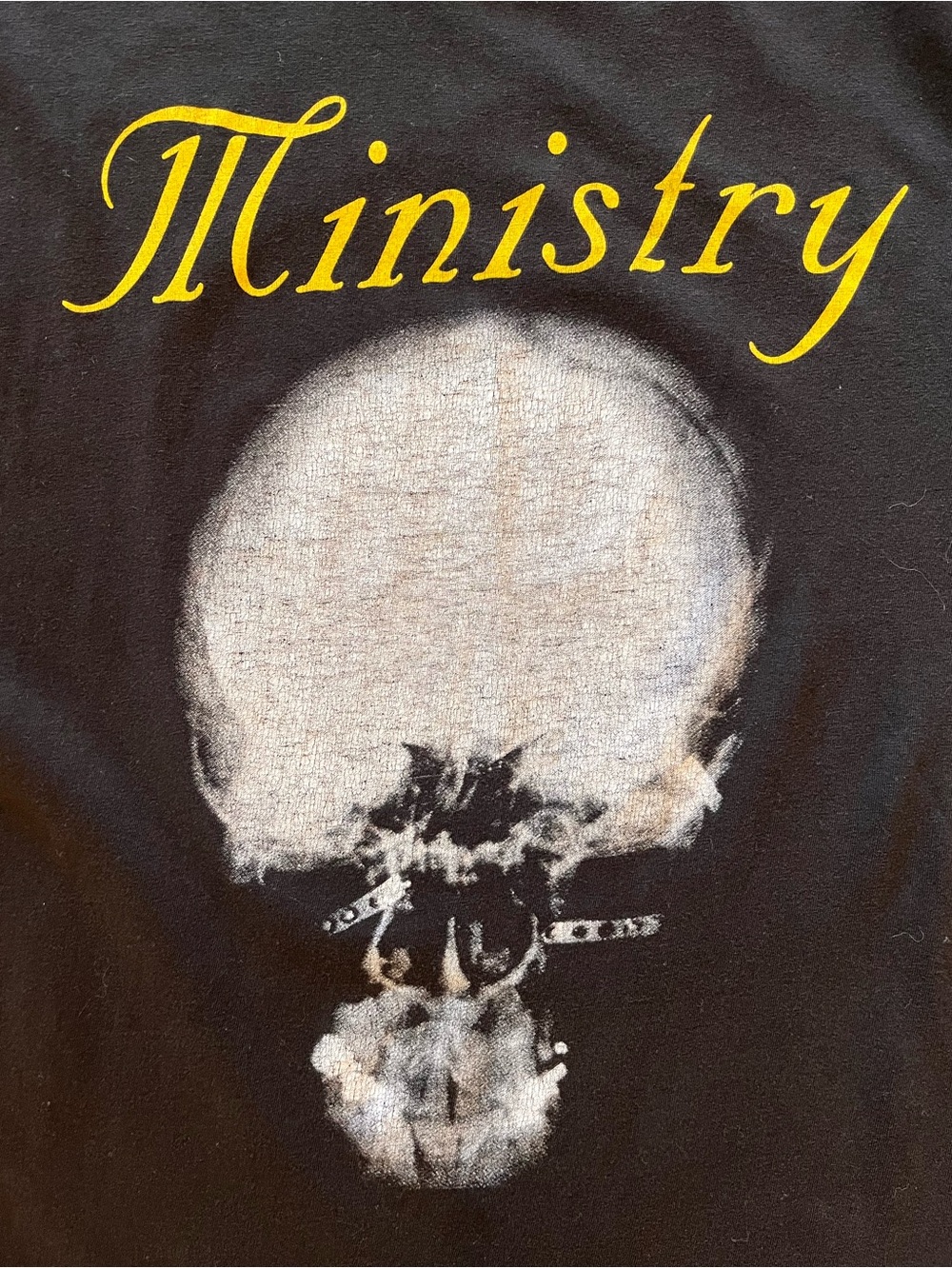 Ministry Black Band Tee with Yellow Logo and Skull Graphic